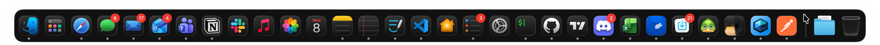 My current macOS Dock, showing a row of app icons with several unread badge counts